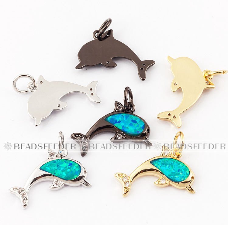 Dolphin charm/pendant,blue opal, clear CZ micro paved,findingings,Cubic Zirconia CZ pendant,jewelry supplies,craft supplies,14x17x2mm,1pc