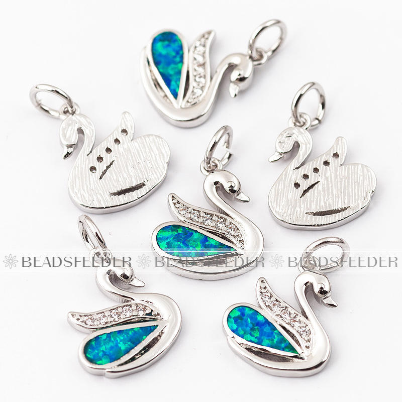 Swan charm/pendant,blue opal, clear CZ micro paved, findingings, Cubic Zirconia CZ pendant , jewelry supplies,craft supplies,13mm,1pc