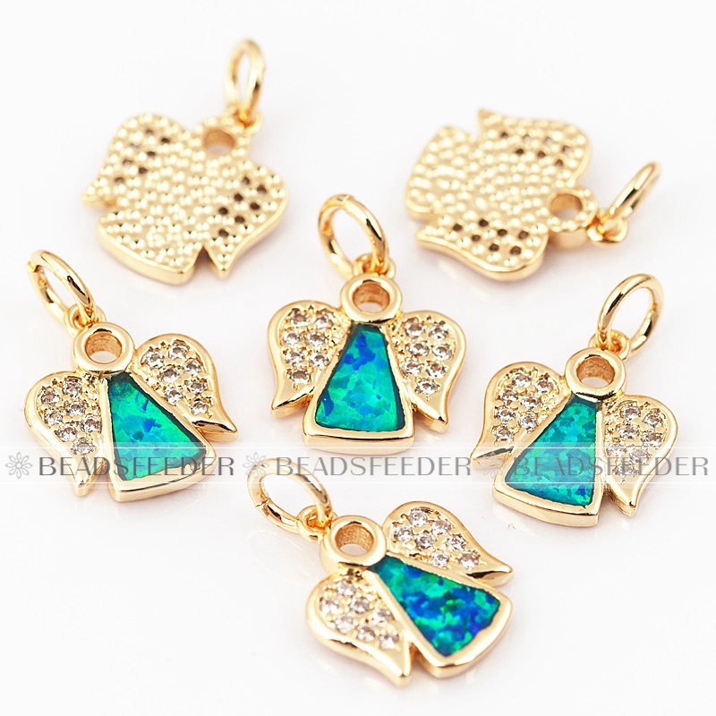 Angel charm/pendant,blue opal, clear CZ micro paved,findingings,Cubic Zirconia CZ pendant,jewelry supplies,craft supplies,12x10x2mm,1pc