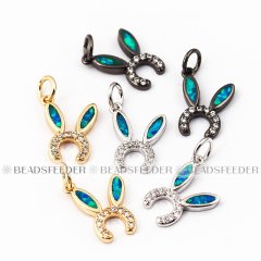 Rabbit head charm/pendant,blue opal, clear CZ micro paved,findingings,Cubic Zirconia CZ pendant,jewelry supplies,craft supplies,14x9x2mm,1pc