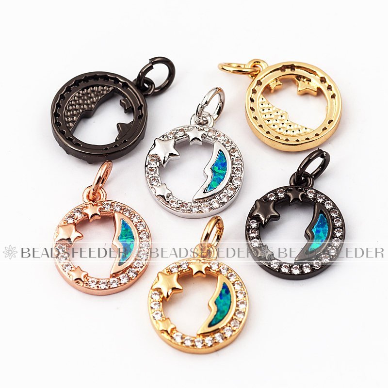Star moon disc charm/pendant,blue opal, clear CZ micro paved,findingings,Cubic Zirconia CZ pendant,jewelry supplies,craft supplies,13x11x2.5mm,1pc