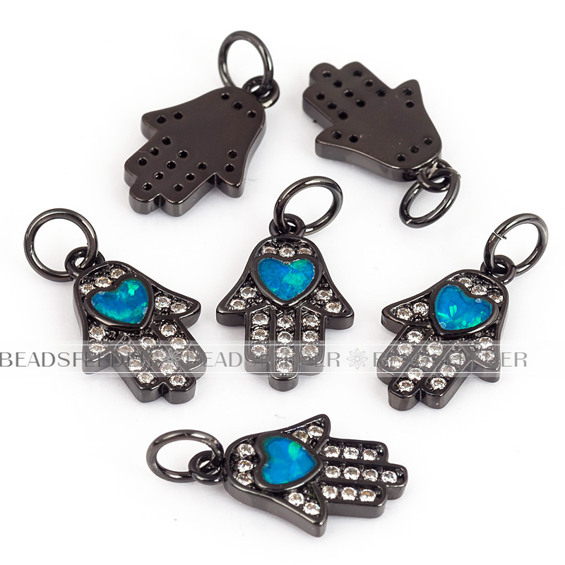 Hamsa Hand charm/pendant,blue opal, clear CZ micro paved,findingings,Cubic Zirconia CZ pendant,jewelry supplies,craft supplies,17mm,1pc