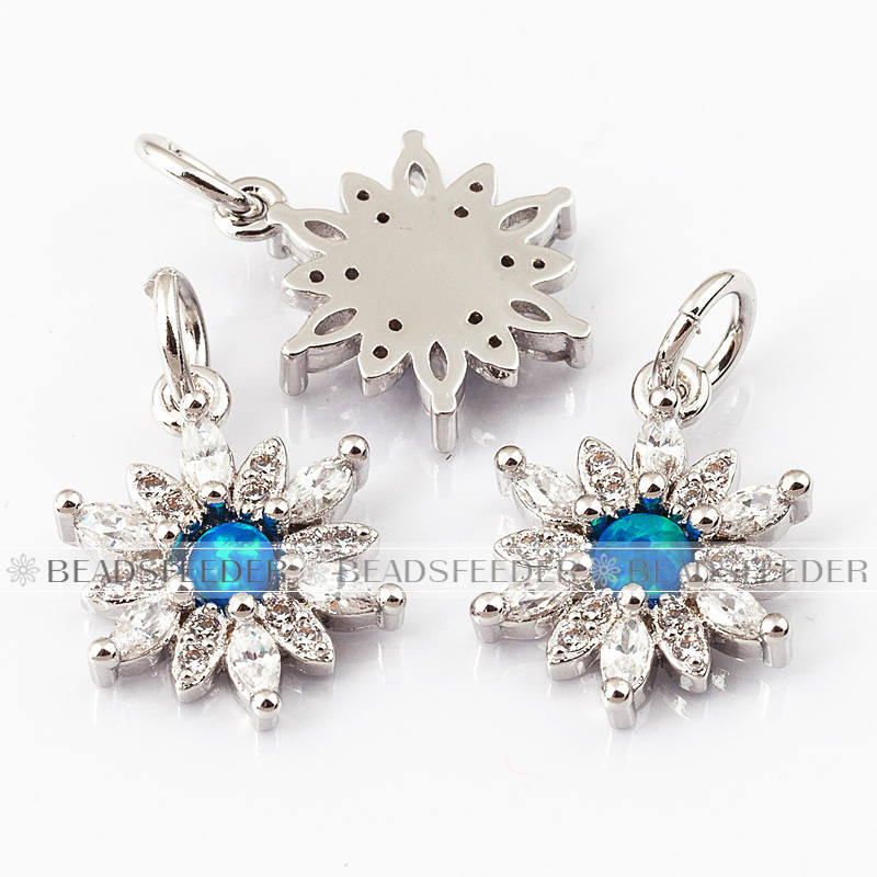 Flower charm/pendant,blue opal, clear CZ micro paved,findingings,Cubic Zirconia CZ pendant,jewelry supplies,craft supplies,14mm,1pc