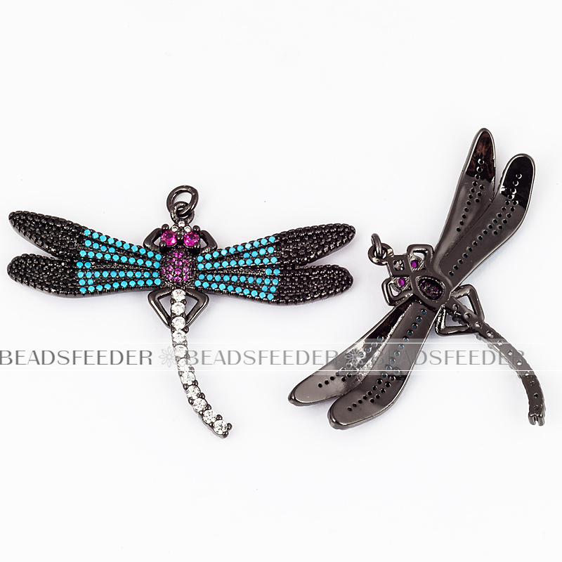 Dragonfly CZ pendant for neck lace, fuchsia CZ Micro Paved,Cubic Zirconia insect pendant ,40mm, 1pc