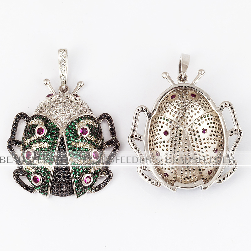 Scarab beetle CZ pendant for neck lace, Fuchsia/green CZ Micro Paved,Cubic Zirconia insect pendant ,44mm, 1pc