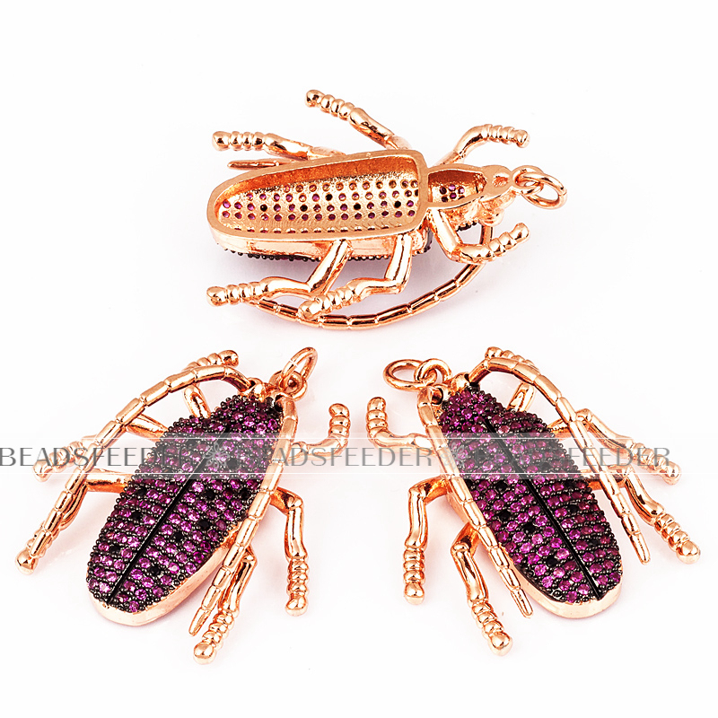 Longicorn Long-horned beetle CZ pendant for neck lace, Fuchsia CZ Micro Paved,Cubic Zirconia insect pendant ,36mm, 1pc