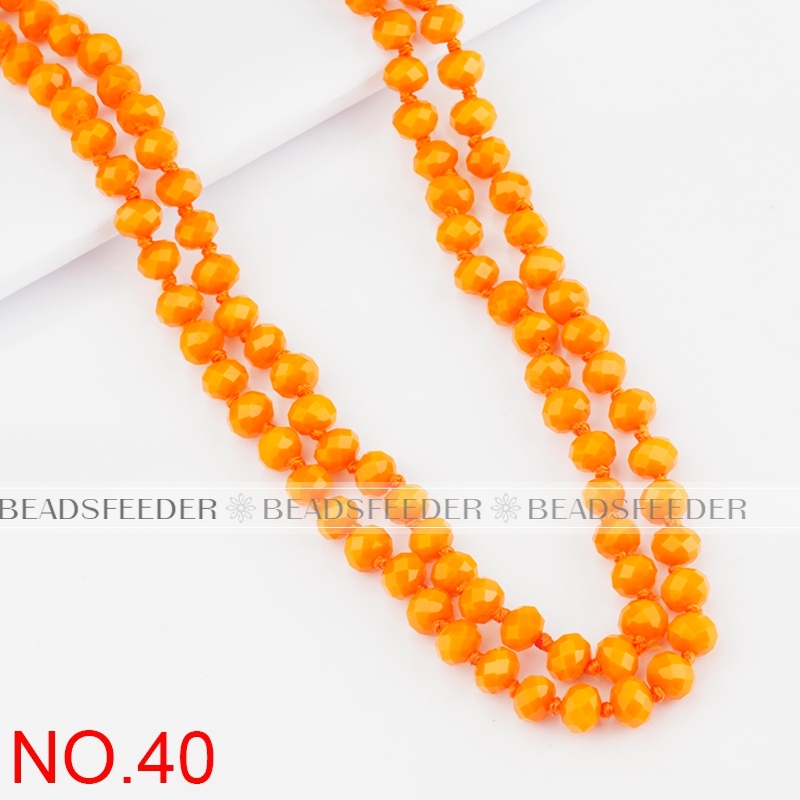 30'' inch, orange , knotted necklace chain,ready to wear, 8mm crystal glass beads knotted, ideal for pendant/stack layer necklace , 1 strand