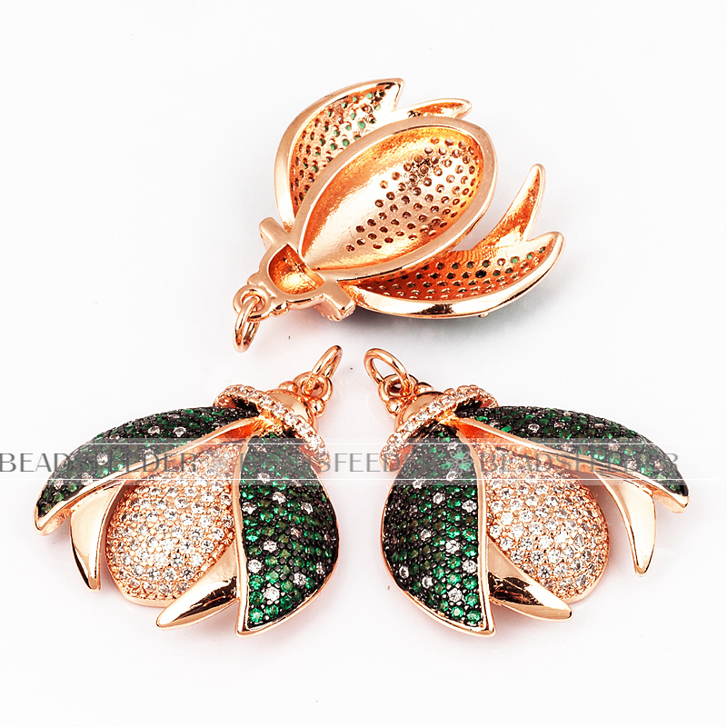 Green Ladybird beetle with white dots CZ pendant for neck lace, Clear/green CZ Micro Paved,Cubic Zirconia insect pendant ,33mm, 1pc