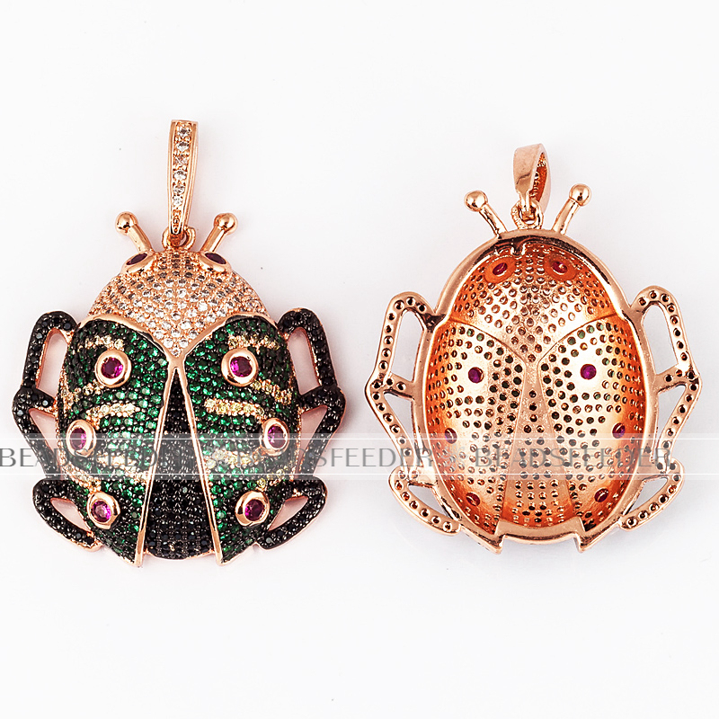Scarab beetle CZ pendant for neck lace, Fuchsia/green CZ Micro Paved,Cubic Zirconia insect pendant ,44mm, 1pc