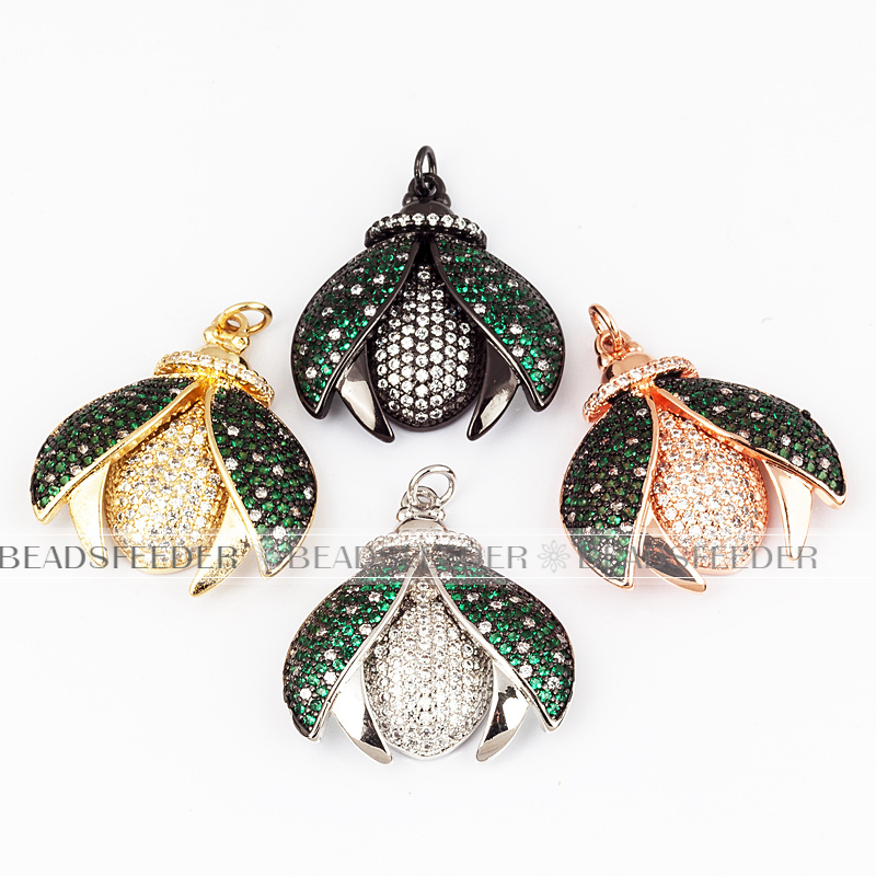 Green Ladybird beetle with white dots CZ pendant for neck lace, Clear/green CZ Micro Paved,Cubic Zirconia insect pendant ,33mm, 1pc