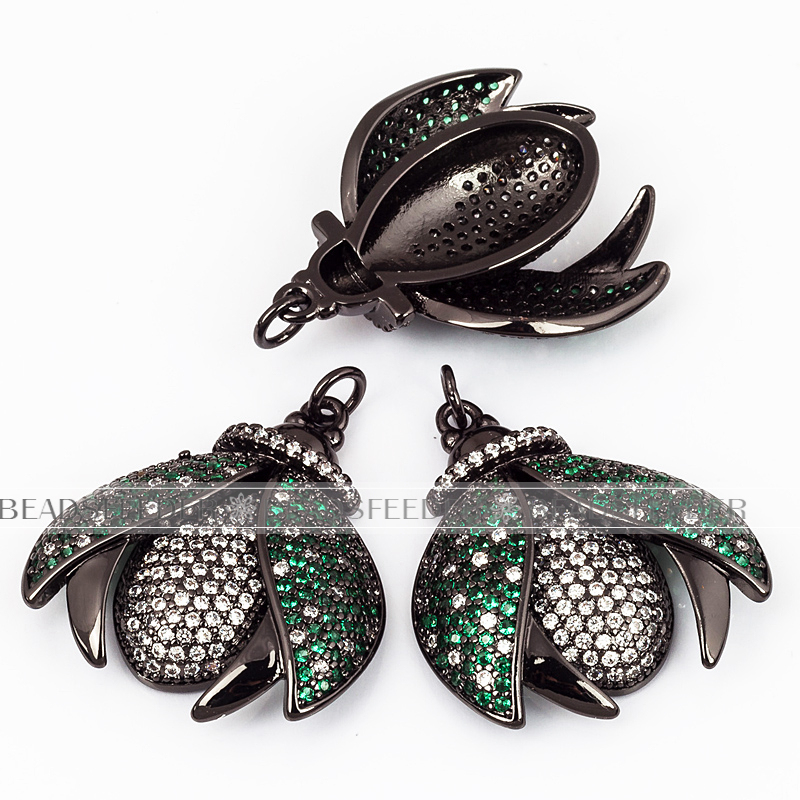 Green Ladybird beetle with white dots CZ pendant for neck lace, Clear/green CZ Micro Paved,Cubic Zirconia insect pendant ,33mm, 1pc