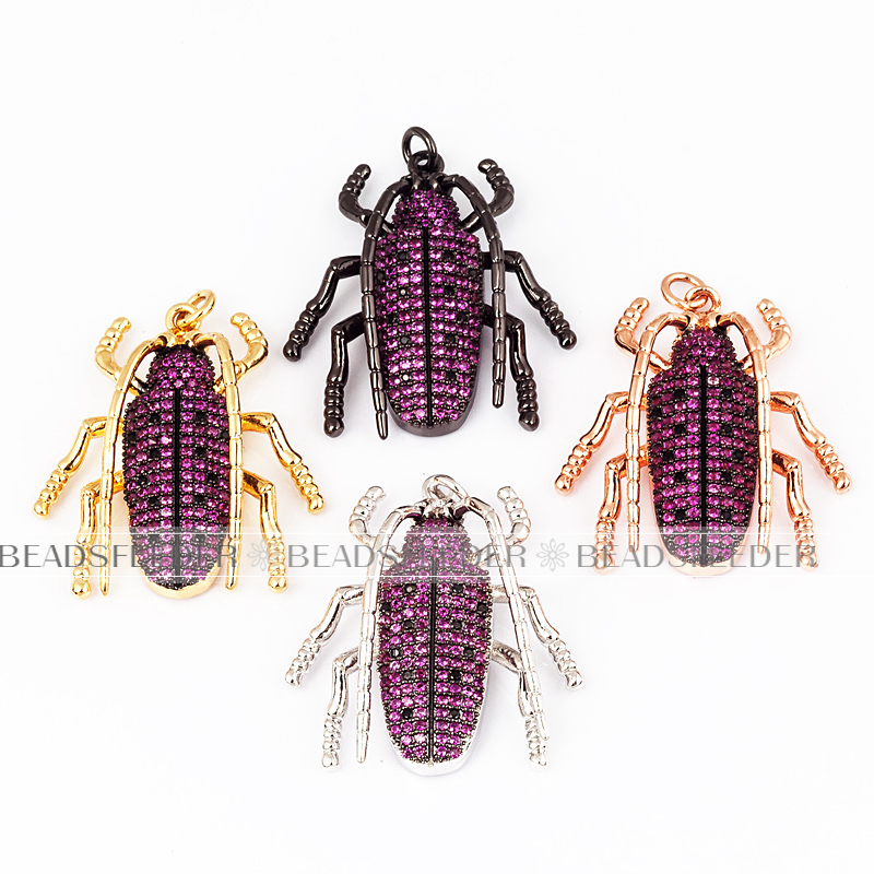 Longicorn Long-horned beetle CZ pendant for neck lace, Fuchsia CZ Micro Paved,Cubic Zirconia insect pendant ,36mm, 1pc