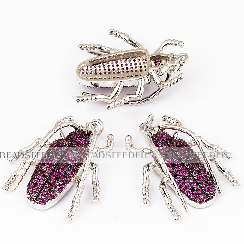 Longicorn Long-horned beetle CZ pendant for neck lace, Fuchsia CZ Micro Paved,Cubic Zirconia insect pendant ,36mm, 1pc