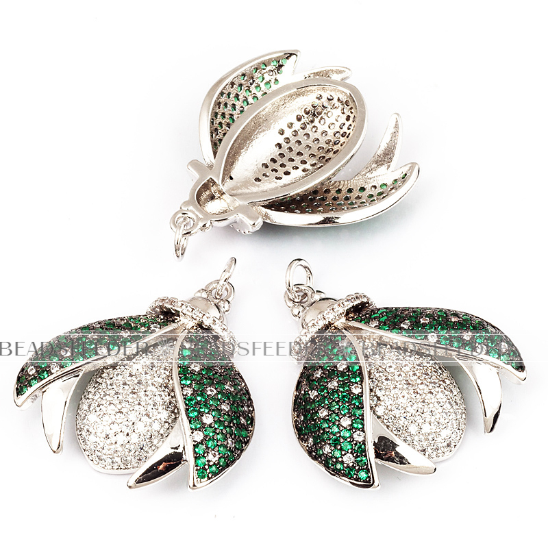 Green Ladybird beetle with white dots CZ pendant for neck lace, Clear/green CZ Micro Paved,Cubic Zirconia insect pendant ,33mm, 1pc