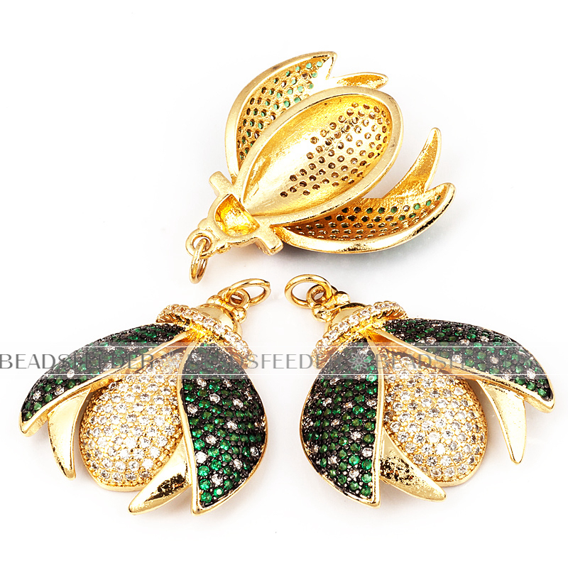 Green Ladybird beetle with white dots CZ pendant for neck lace, Clear/green CZ Micro Paved,Cubic Zirconia insect pendant ,33mm, 1pc