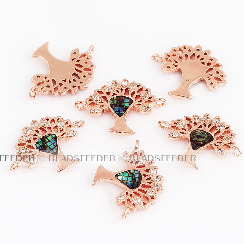 Tree of life connector micro paved with abalone shell chips,CZ findinging/Cubic Zirconia connector ,Rose Gold/black/Silver colour, 19x14x2mm