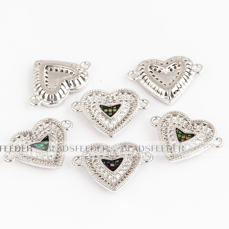 Heart link connector，with abalone shell chips，clear cubic zirconia CZ micro pave , space connector for bracelet ,19x14x3mm 1pc