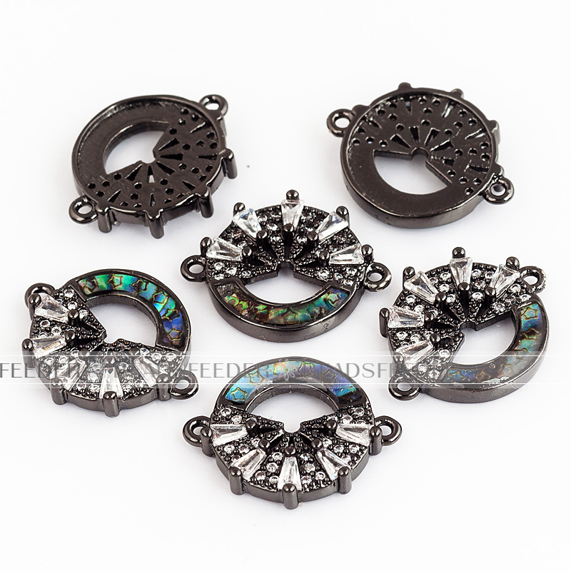 Flower circle link connector，with abalone shell chips，clear cubic zirconia CZ micro pave , space connector for bracelet ,18mm 1pc