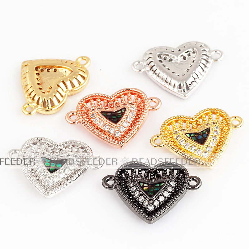 Heart link connector，with abalone shell chips，clear cubic zirconia CZ micro pave , space connector for bracelet ,19x14x3mm 1pc