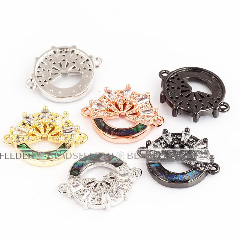 Flower circle link connector，with abalone shell chips，clear cubic zirconia CZ micro pave , space connector for bracelet ,18mm 1pc