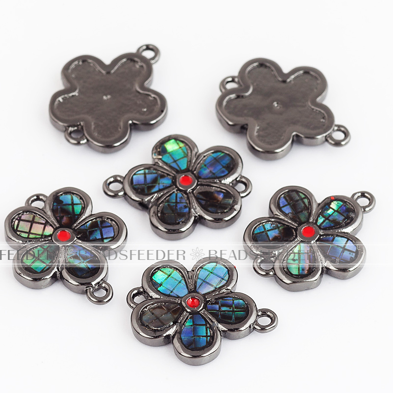 Flower link connector，with abalone shell chips，clear cubic zirconia CZ micro pave , space connector for bracelet ,15x12x2mm 1pc