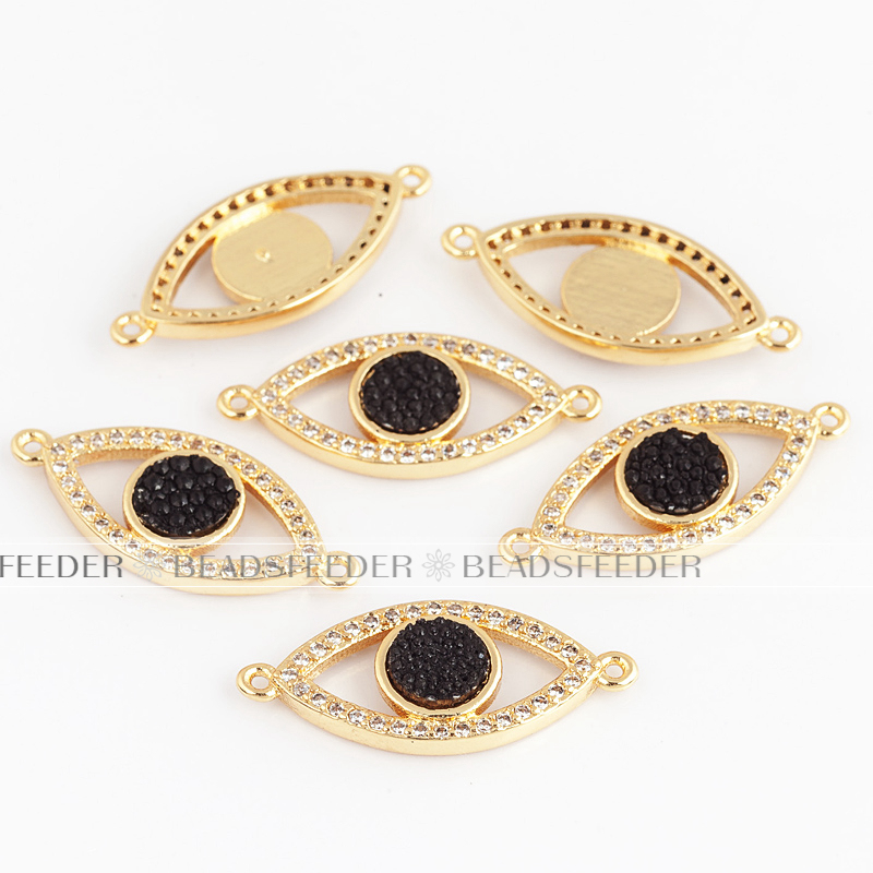 Evil eye connector with genuine black Stingray skin,clear CZ micro pave , space connector ,24x10x3mm 1pc