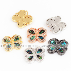 Butterfly link connector，with abalone shell chips，clear cubic zirconia CZ micro pave , space connector for bracelet ,16x13.5x2mm 1pc