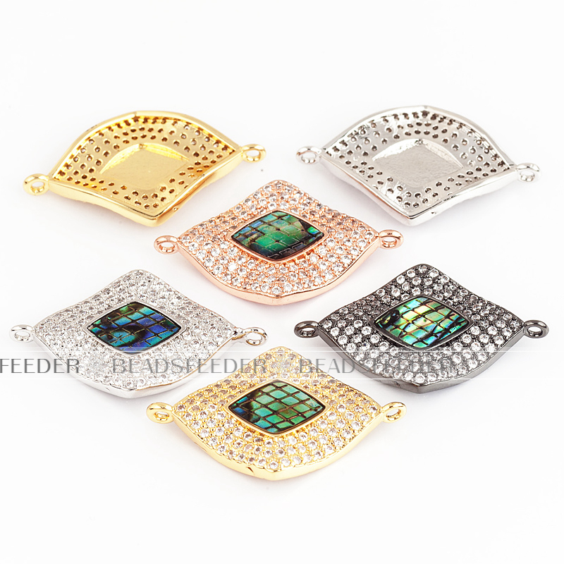 Diamond shape link connector，with abalone shell chips，clear cubic zirconia CZ micro pave , space connector ,28x17x3mm 1pc