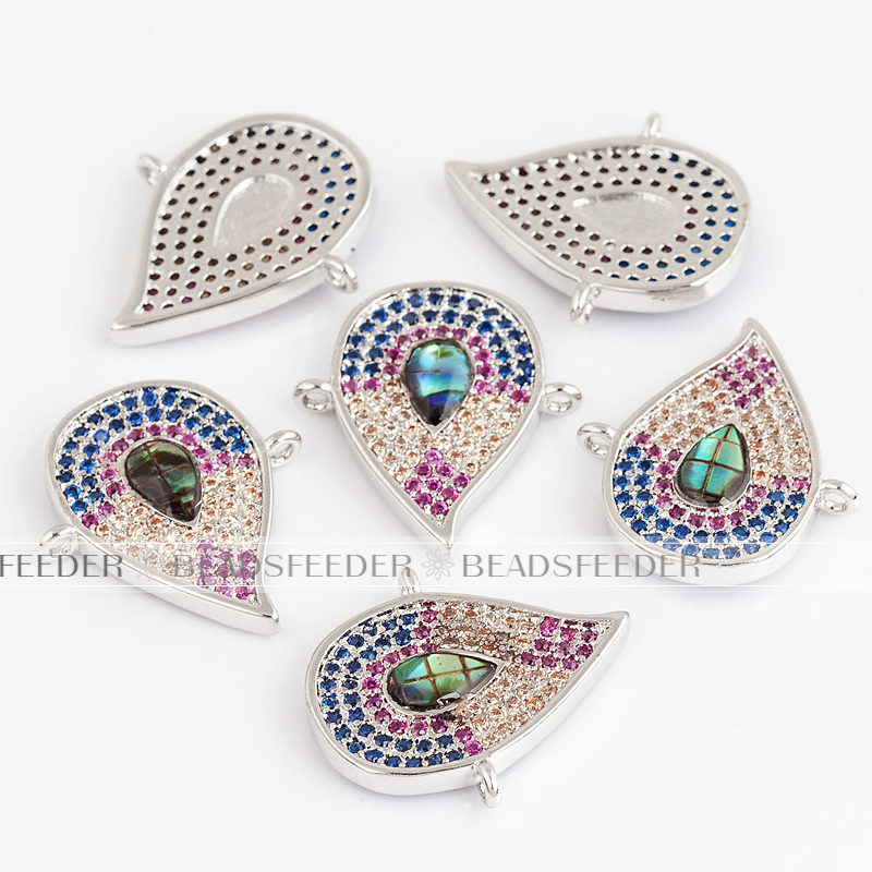 Tear drop evil eye connector，with abalone shell chips，clear CZ micro pave , space connector ,17x20mm 1pc