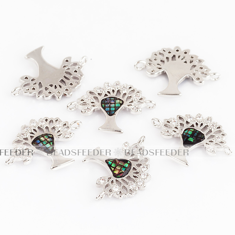 Tree of life connector micro paved with abalone shell chips,CZ findinging/Cubic Zirconia connector ,Rose Gold/black/Silver colour, 19x14x2mm