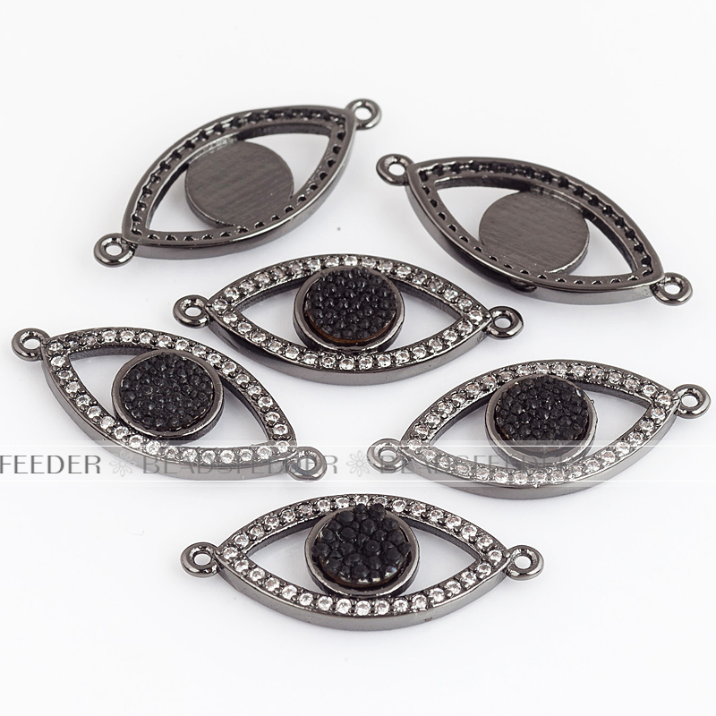 Evil eye connector with genuine black Stingray skin,clear CZ micro pave , space connector ,24x10x3mm 1pc