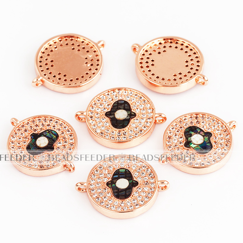 Hamsa Hand on disc link connector，with abalone shell chips，clear CZ micro pave , space connector ,18x14x2.5mm 1pc