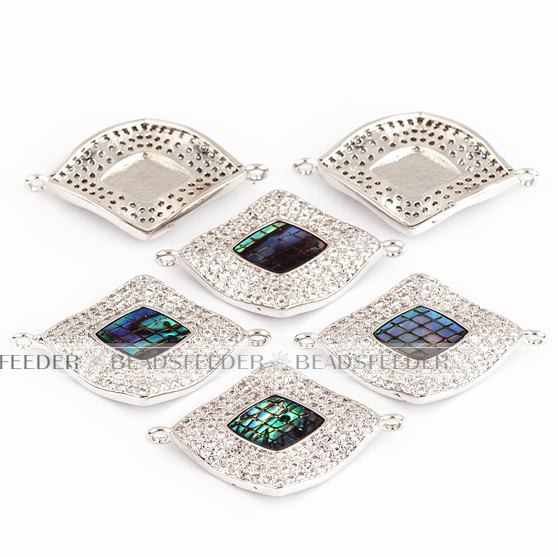 Diamond shape link connector，with abalone shell chips，clear cubic zirconia CZ micro pave , space connector ,28x17x3mm 1pc