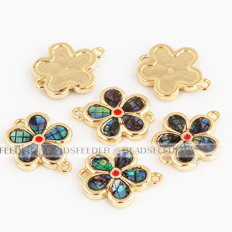 Flower link connector，with abalone shell chips，clear cubic zirconia CZ micro pave , space connector for bracelet ,15x12x2mm 1pc