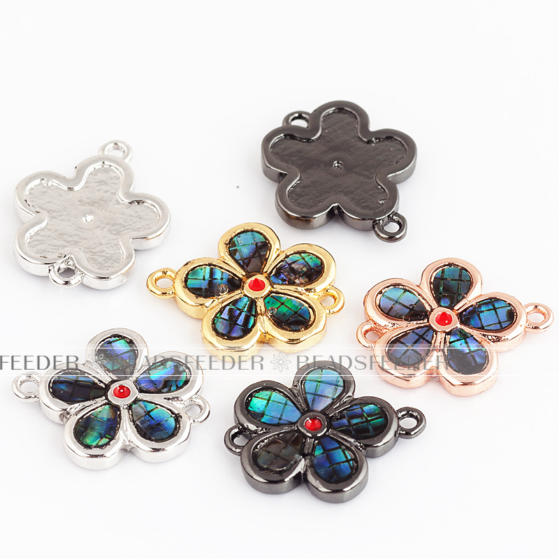 Flower link connector，with abalone shell chips，clear cubic zirconia CZ micro pave , space connector for bracelet ,15x12x2mm 1pc