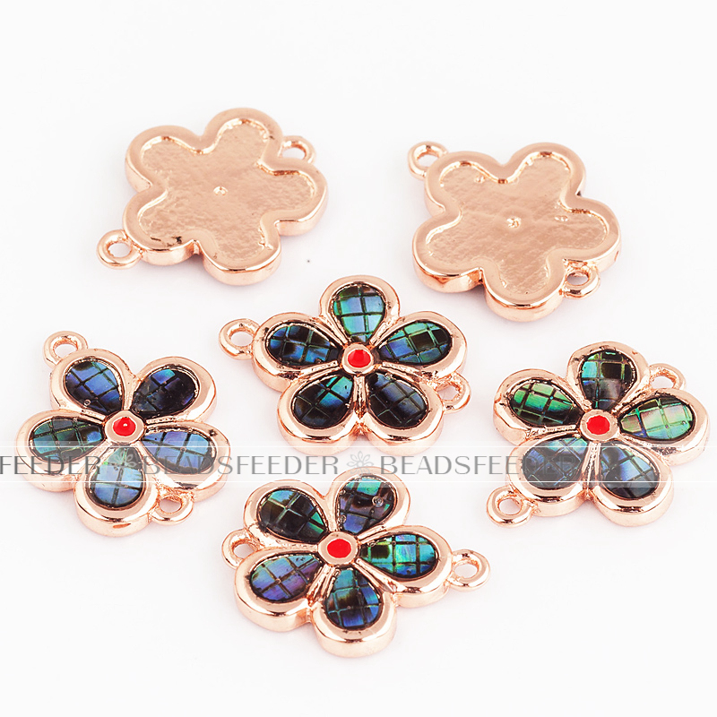 Flower link connector，with abalone shell chips，clear cubic zirconia CZ micro pave , space connector for bracelet ,15x12x2mm 1pc