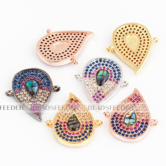 Tear drop evil eye connector，with abalone shell chips，clear CZ micro pave , space connector ,17x20mm 1pc