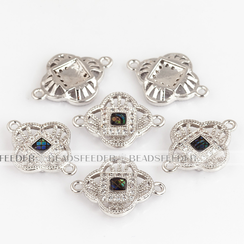 Clover flower connector，with abalone shell chips，clear cubic zirconia CZ micro pave , space connector ,19x14x3mm 1pc