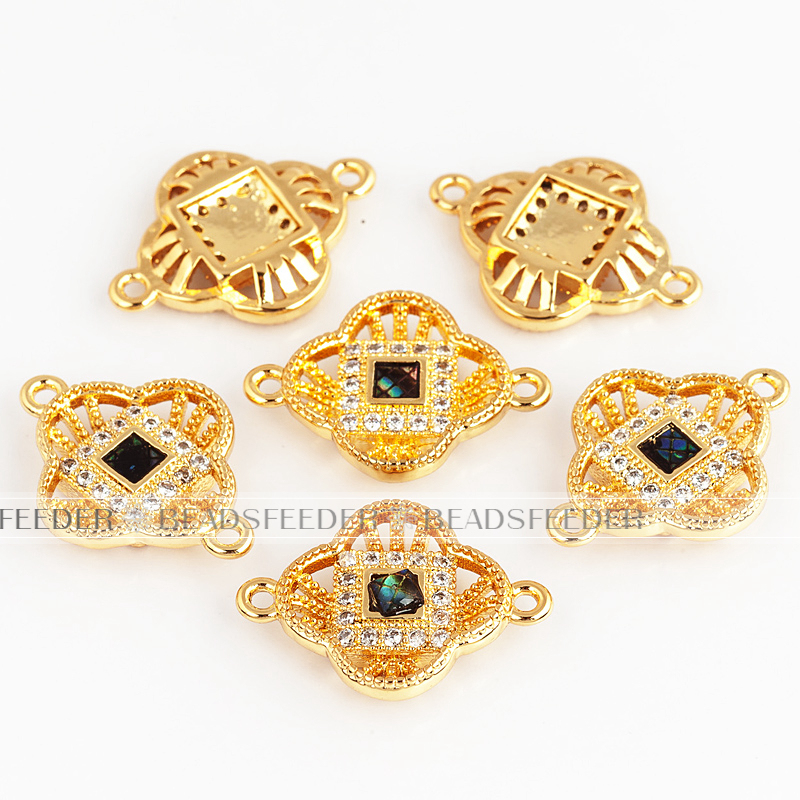 Clover flower connector，with abalone shell chips，clear cubic zirconia CZ micro pave , space connector ,19x14x3mm 1pc