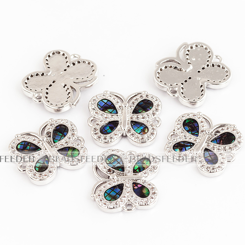Butterfly link connector，with abalone shell chips，clear cubic zirconia CZ micro pave , space connector for bracelet ,16x13.5x2mm 1pc