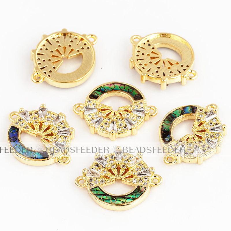 Flower circle link connector，with abalone shell chips，clear cubic zirconia CZ micro pave , space connector for bracelet ,18mm 1pc