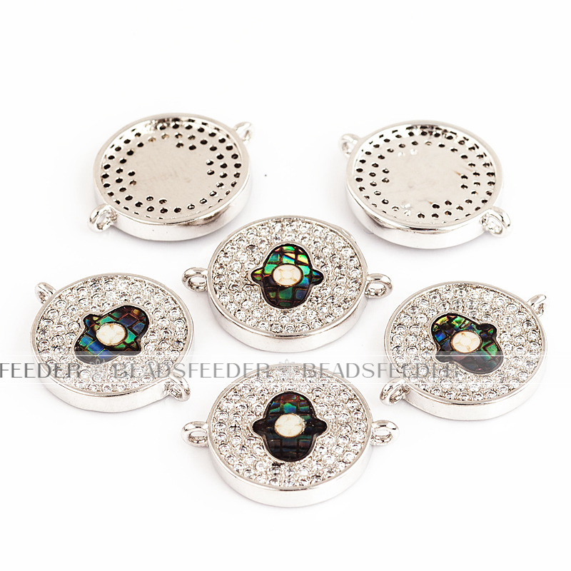 Hamsa Hand on disc link connector，with abalone shell chips，clear CZ micro pave , space connector ,18x14x2.5mm 1pc