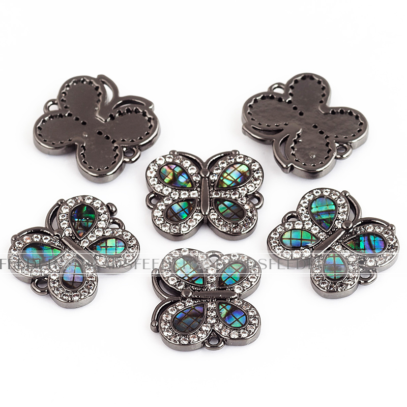 Butterfly link connector，with abalone shell chips，clear cubic zirconia CZ micro pave , space connector for bracelet ,16x13.5x2mm 1pc