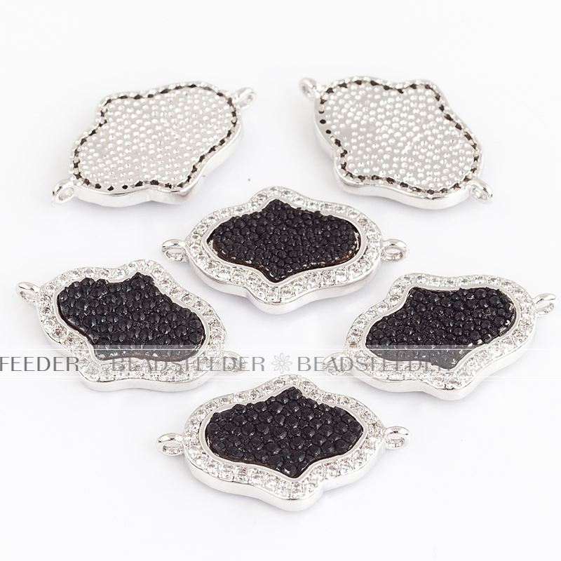 Hamsa Hand connector，with genuine black Stingray skin, clear CZ micro pave , space connector ,22x14x2.5mm 1pc