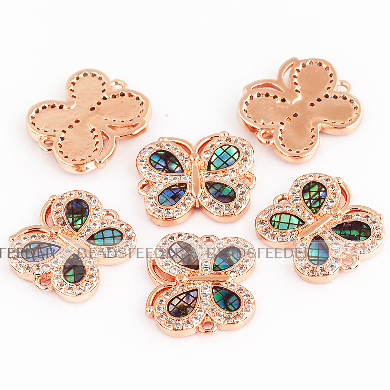 Butterfly link connector，with abalone shell chips，clear cubic zirconia CZ micro pave , space connector for bracelet ,16x13.5x2mm 1pc