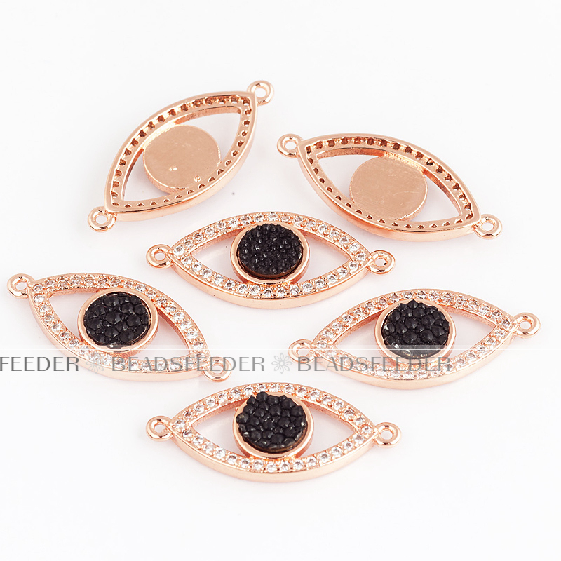 Evil eye connector with genuine black Stingray skin,clear CZ micro pave , space connector ,24x10x3mm 1pc