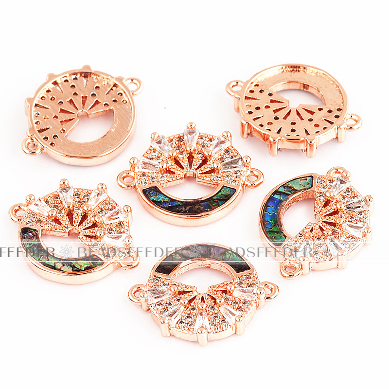 Flower circle link connector，with abalone shell chips，clear cubic zirconia CZ micro pave , space connector for bracelet ,18mm 1pc