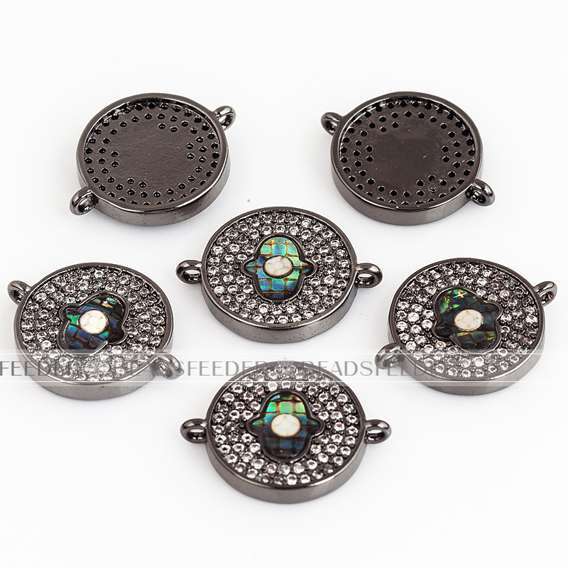 Hamsa Hand on disc link connector，with abalone shell chips，clear CZ micro pave , space connector ,18x14x2.5mm 1pc