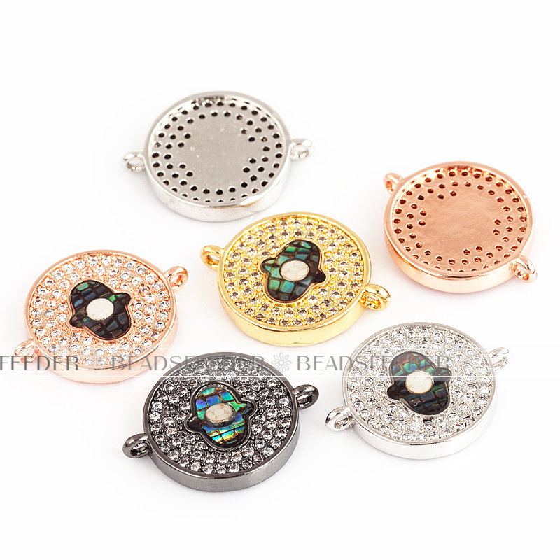 Hamsa Hand on disc link connector，with abalone shell chips，clear CZ micro pave , space connector ,18x14x2.5mm 1pc