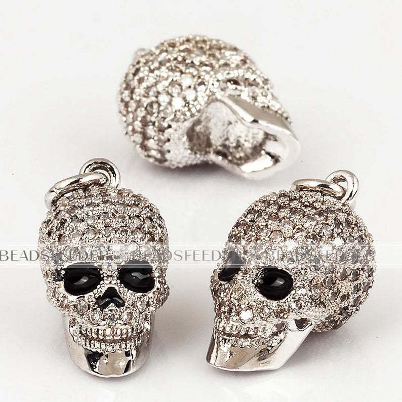 3D black eye skull charm/pendant,CZ Micro Pave charm , Clear/black Cubic Zirconia charms in gold/rose gold/silver colour,21mm 1pc